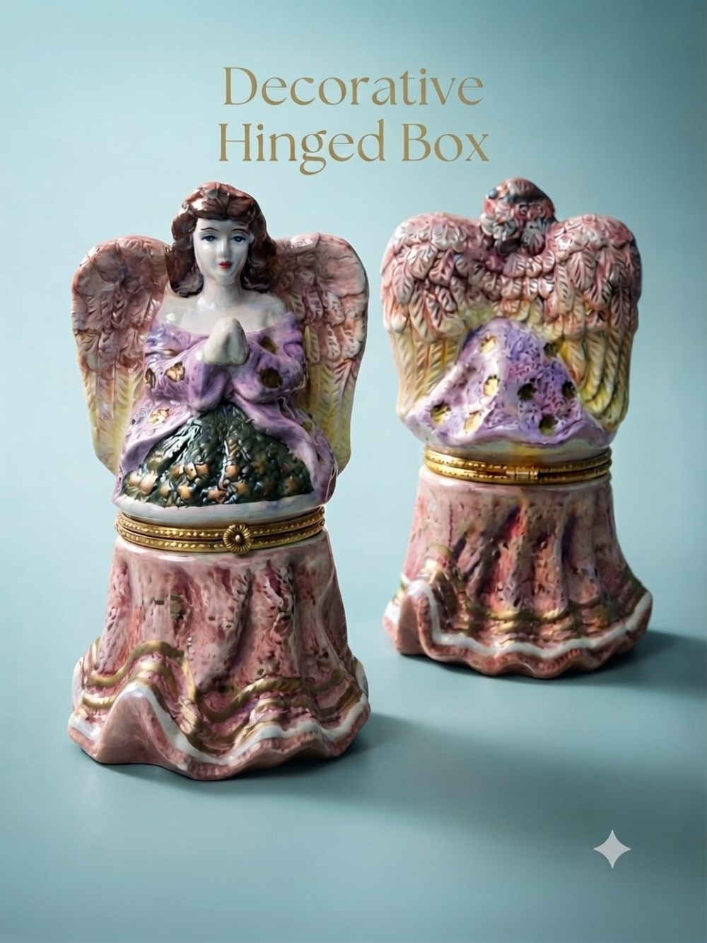 ​Vintage Angel Figurine Hinged Box Hand Painted Ceramic Trinket Holder **